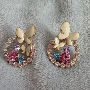 Vintage Rhinestone and Enamel Butterfly Pierced Earrings